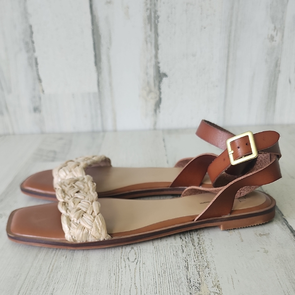 Time and Tru Tan Cream Braided Sandals Ankle Straps With Buckle Size 8